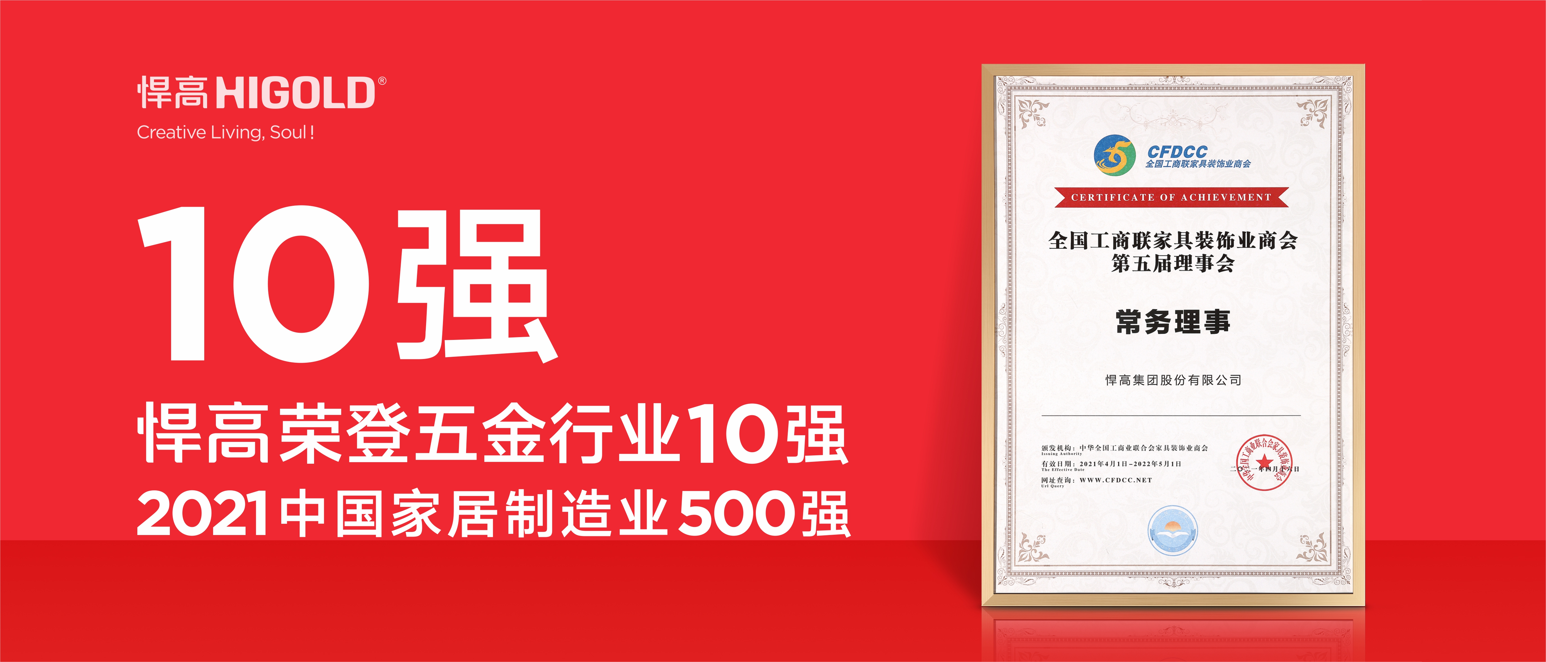 悍高荣登五金行业10强，2020中国家居制造业500强！